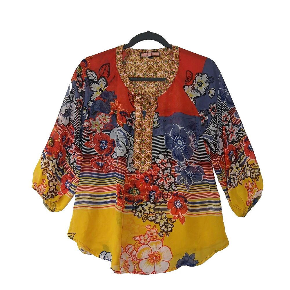 Olive Hill BOHO Blouse Top Small Floral Bell Sleeve Hawaiian Summer Vacation 922